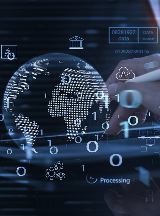 A digital image of a globe with a hand in the background surrounded by data representing the digital transformation