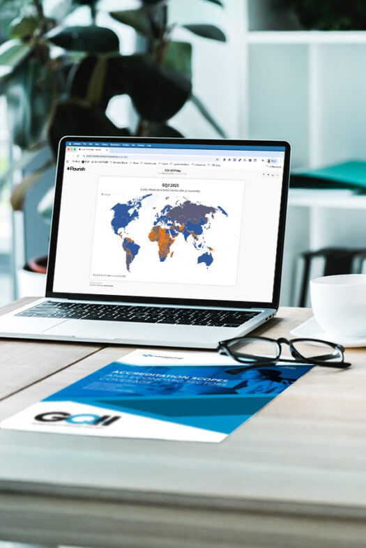 A monitor showing a world map with the overview of the global spread and evolution of quality infrastructure systems.