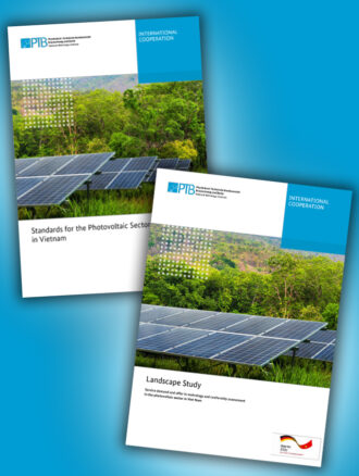 The covers of two brochures on PV are shown against a blue background.