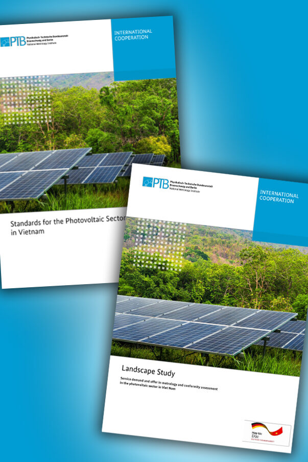 The covers of two brochures on PV are shown against a blue background.