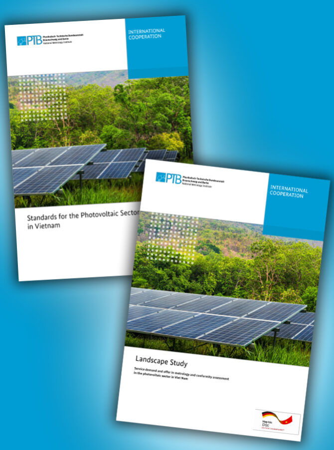 The covers of two brochures on PV are shown against a blue background.