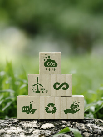 A pyramid of wooden blocks displaying symbols such as windmills and recycling arrows with grass in the background.