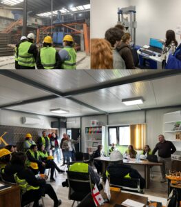Collage from QI Week in Georgia. People wearing neon safety vests and hard hats are visiting a factory and one group is viewing lab equipment.